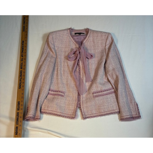 Nipon Boutique Pink Tweed Chiffon Tie Front Blazer Plus Size 18 Frayed Trim - Picture 4 of 4
